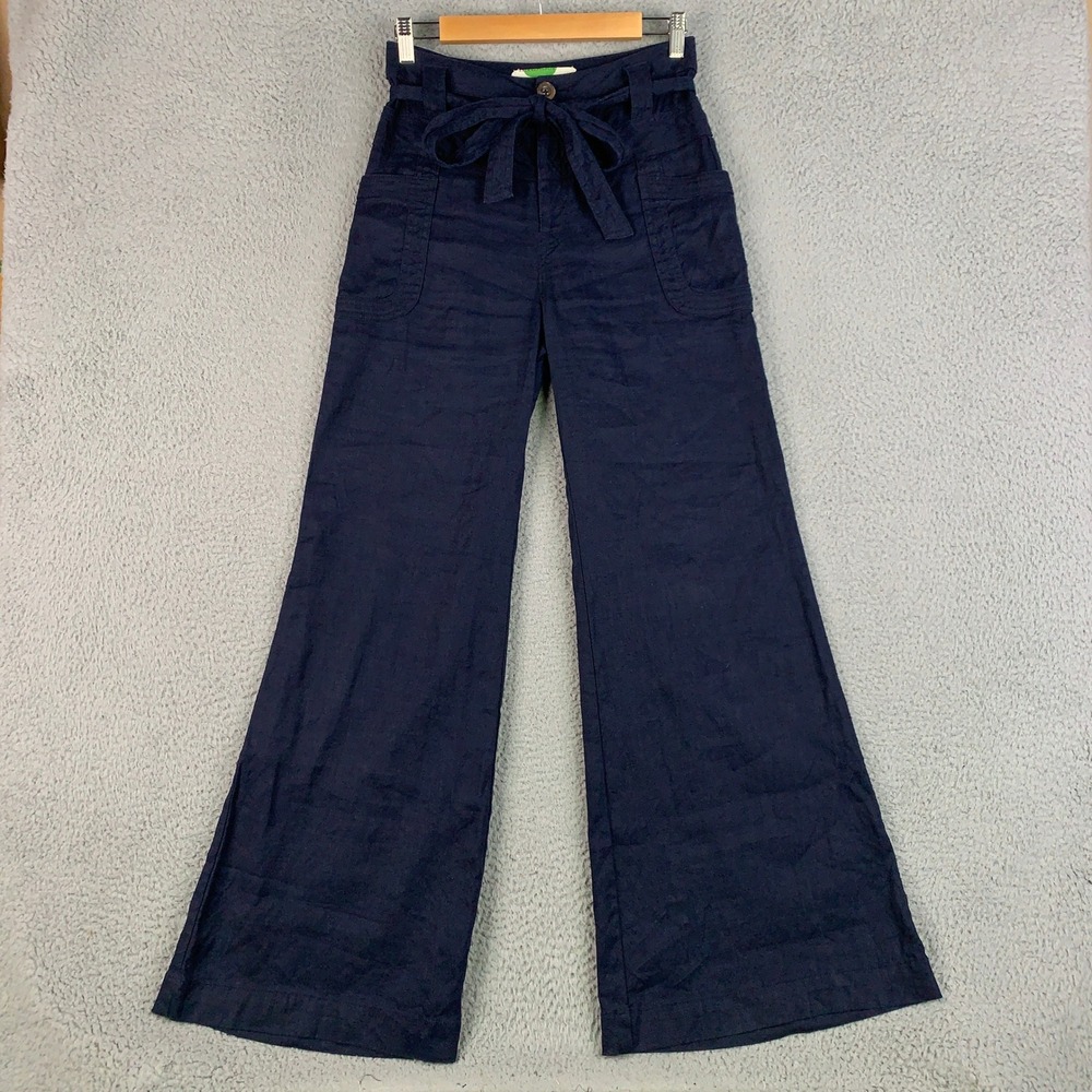 Anthropologie Pilcro Wide Leg Pants Women's Size 25 Navy Blue Linen Blend Belted